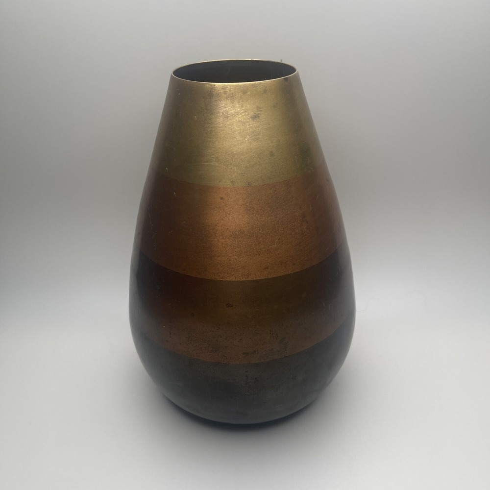 Crate & Barrel Copper Vase Mixed‎ Metal Tone Modernist Horizontal Stripes IS AS